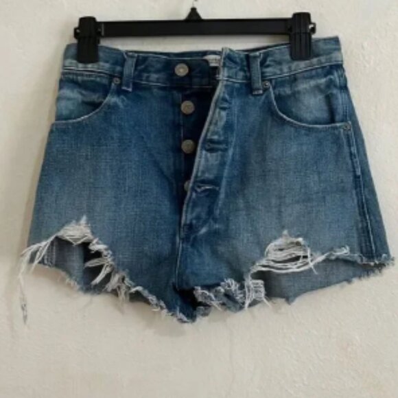 Authentic Moussy Mini Shorts SZ 26 Light Wash High Rise Button Front Distressed - Picture 1 of 6
